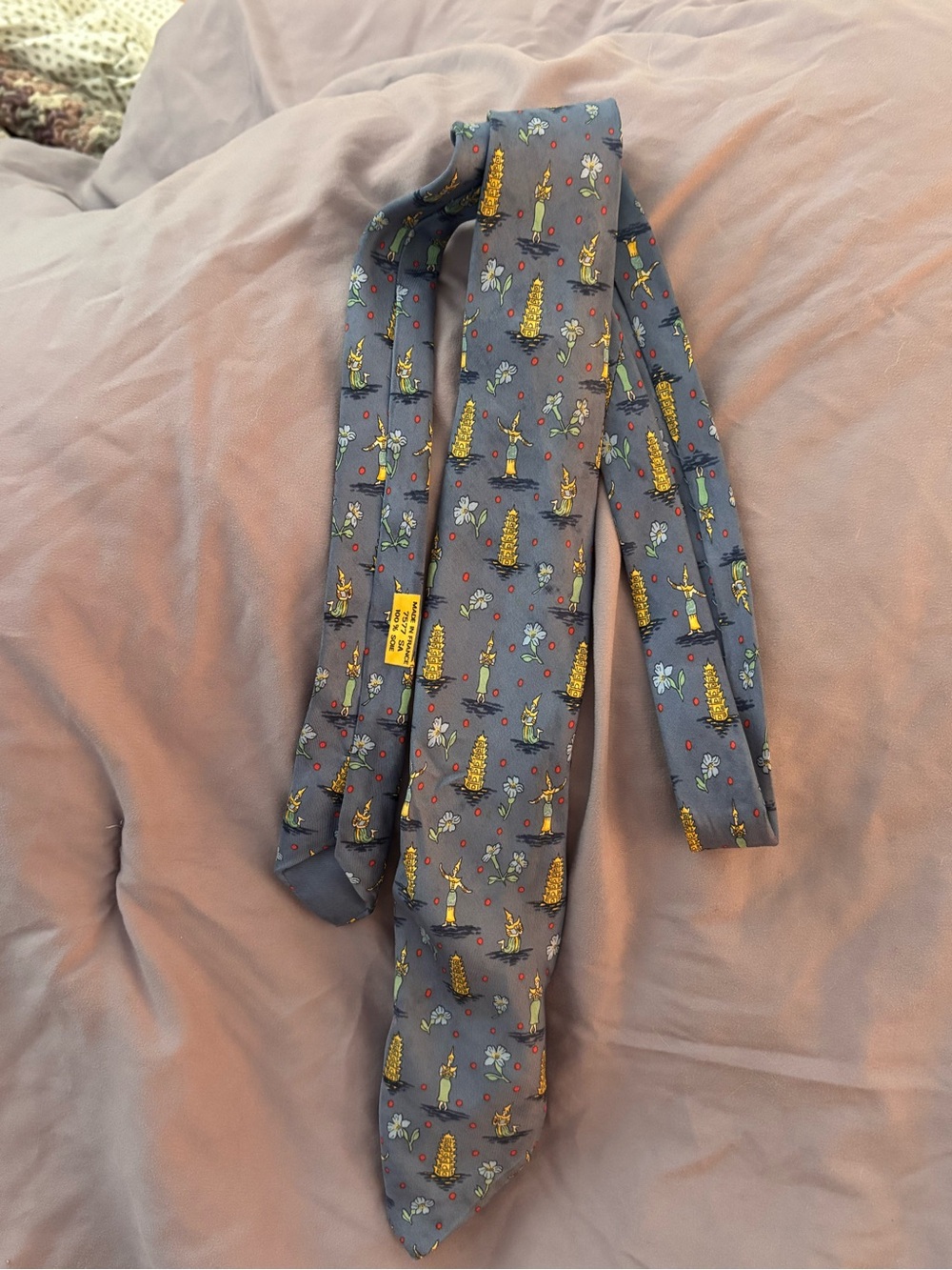 Vintage Hermes Thailand Pagoda & Floral Blue Silk Tie with Yellow and Red tie